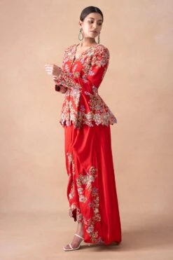 Anamika Khanna Classic Red Floral & Sequin Top-Drape Skirt Set -Inca Sales Store 12124ak10 3