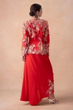 Anamika Khanna Classic Red Floral & Sequin Top-Drape Skirt Set -Inca Sales Store 12124ak10 5