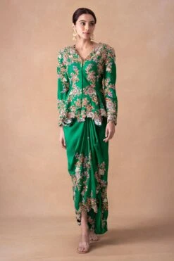 Anamika Khanna Emerald Green Floral & Sequin Top-Skirt Set