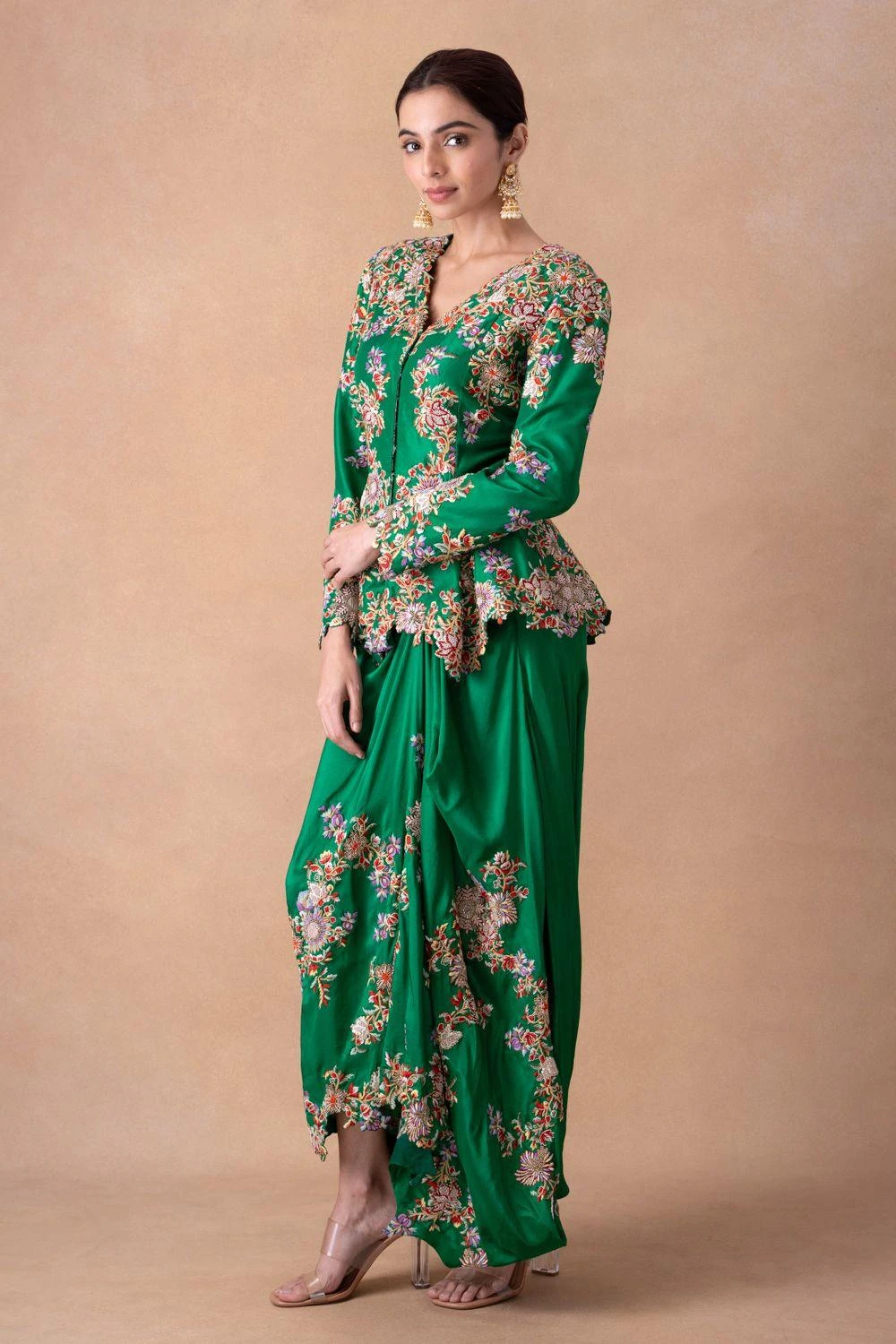 Anamika Khanna Emerald Green Floral & Sequin Top-Skirt Set 4 Anamika Khanna Emerald Green Floral & Sequin Top-Skirt Set - Image 2