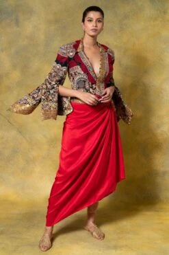 Anamika Khanna Red Thread Embellished Jacket & Draped Skirt Set