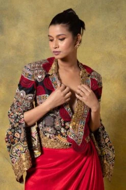 Anamika Khanna Red Thread Embellished Jacket & Draped Skirt Set -Inca Sales Store 12423ak7 4