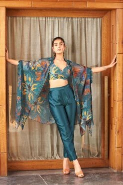 Varun Bahl Pret Teal Floral Cape Set