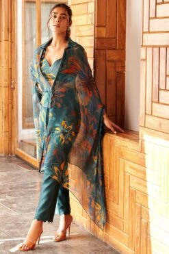 Varun Bahl Pret Teal Floral Cape Set -Inca Sales Store 12423vbf2 3