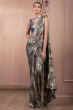 Tarun Tahiliani Black Hand Embellished Draped Concept Sari Set