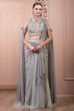 Tarun Tahiliani Palladium Blue Hand Embellished Concept Sari Set