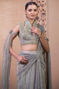 Tarun Tahiliani Palladium Blue Hand Embellished Concept Sari Set -Inca Sales Store 12623tt41 3
