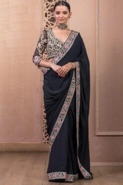 Tarun Tahiliani Black Floral Sari Set