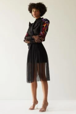 Mini Sondhi Black Appliqued Cropped Jacket & Skirt Set