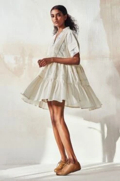 Khara Kapas Off-white V- Neck Fit And Flare Dress