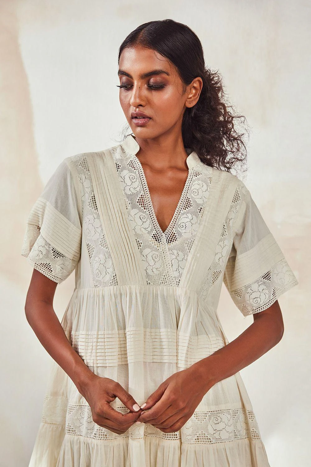 Khara Kapas Off-white V- Neck Fit And Flare Dress 4 Khara Kapas Off-white V- Neck Fit And Flare Dress - Image 2