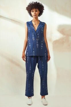 Khara Kapas Marine Blue Ikkat Co-ord Set -Inca Sales Store 12923kk9 2