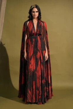 Nikita Mhaisalkar Red & Black Stroke Printed Cape Style Maxi Dress