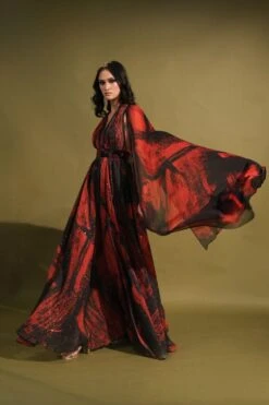 Nikita Mhaisalkar Red & Black Stroke Printed Cape Style Maxi Dress -Inca Sales Store 131023nmw14 4