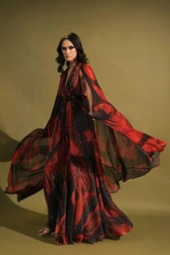 Nikita Mhaisalkar Red & Black Stroke Printed Cape Style Maxi Dress -Inca Sales Store 131023nmw14 6