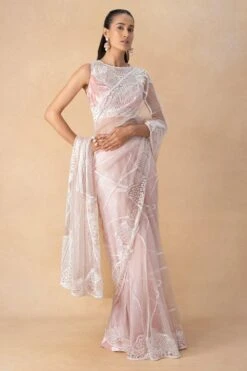 Mishru Pink Floral Embroidered Sari Set