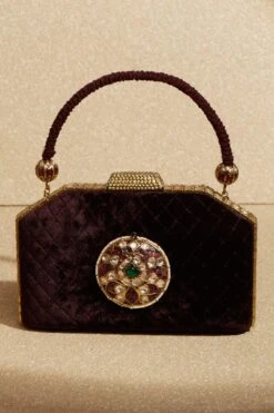 Tarun Tahiliani Accessories Wine Jewelled Clutch Bag With Beaded Handle