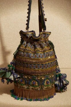 Tarun Tahiliani Accessories Blue To Green Fringed Bucket Bag