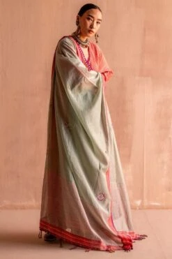 Swatti Kapoor Firoza Green & Coral Hand Embroidered Dupatta