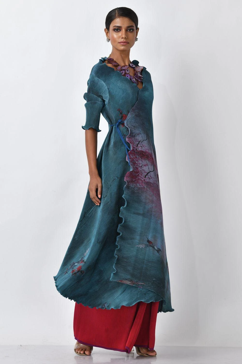 Kiran Uttam Ghosh Blue Printed Pleated Angrakha Wrap 3 Kiran Uttam Ghosh Blue Printed Pleated Angrakha Wrap