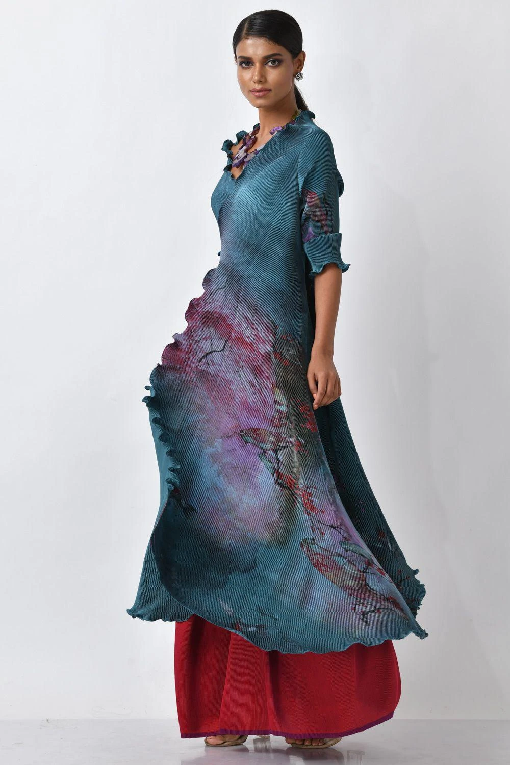 Kiran Uttam Ghosh Blue Printed Pleated Angrakha Wrap 4 Kiran Uttam Ghosh Blue Printed Pleated Angrakha Wrap - Image 2