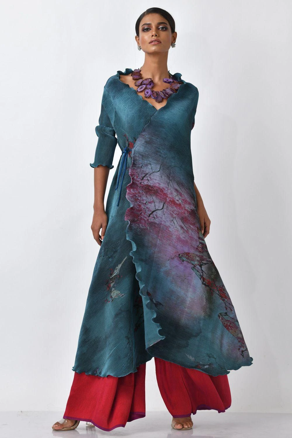Kiran Uttam Ghosh Blue Printed Pleated Angrakha Wrap 5 Kiran Uttam Ghosh Blue Printed Pleated Angrakha Wrap - Image 3