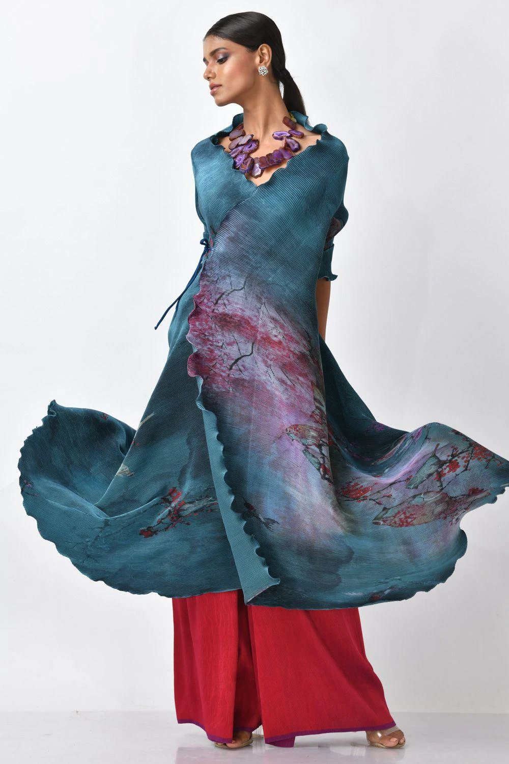 Kiran Uttam Ghosh Blue Printed Pleated Angrakha Wrap 6 Kiran Uttam Ghosh Blue Printed Pleated Angrakha Wrap - Image 4