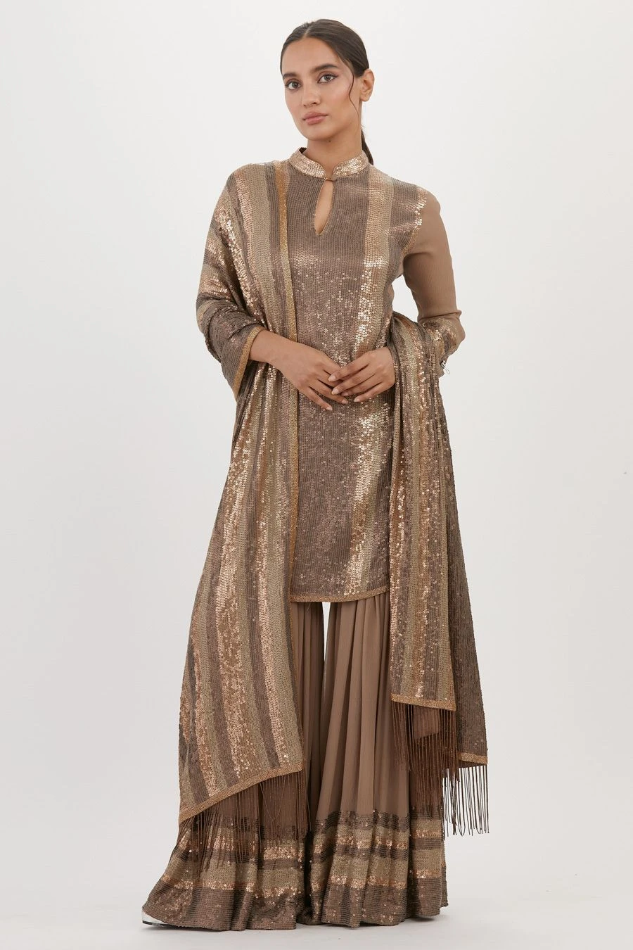 Nakul Sen Brown Sequinned Striped Sharara Set 3 Nakul Sen Brown Sequinned Striped Sharara Set