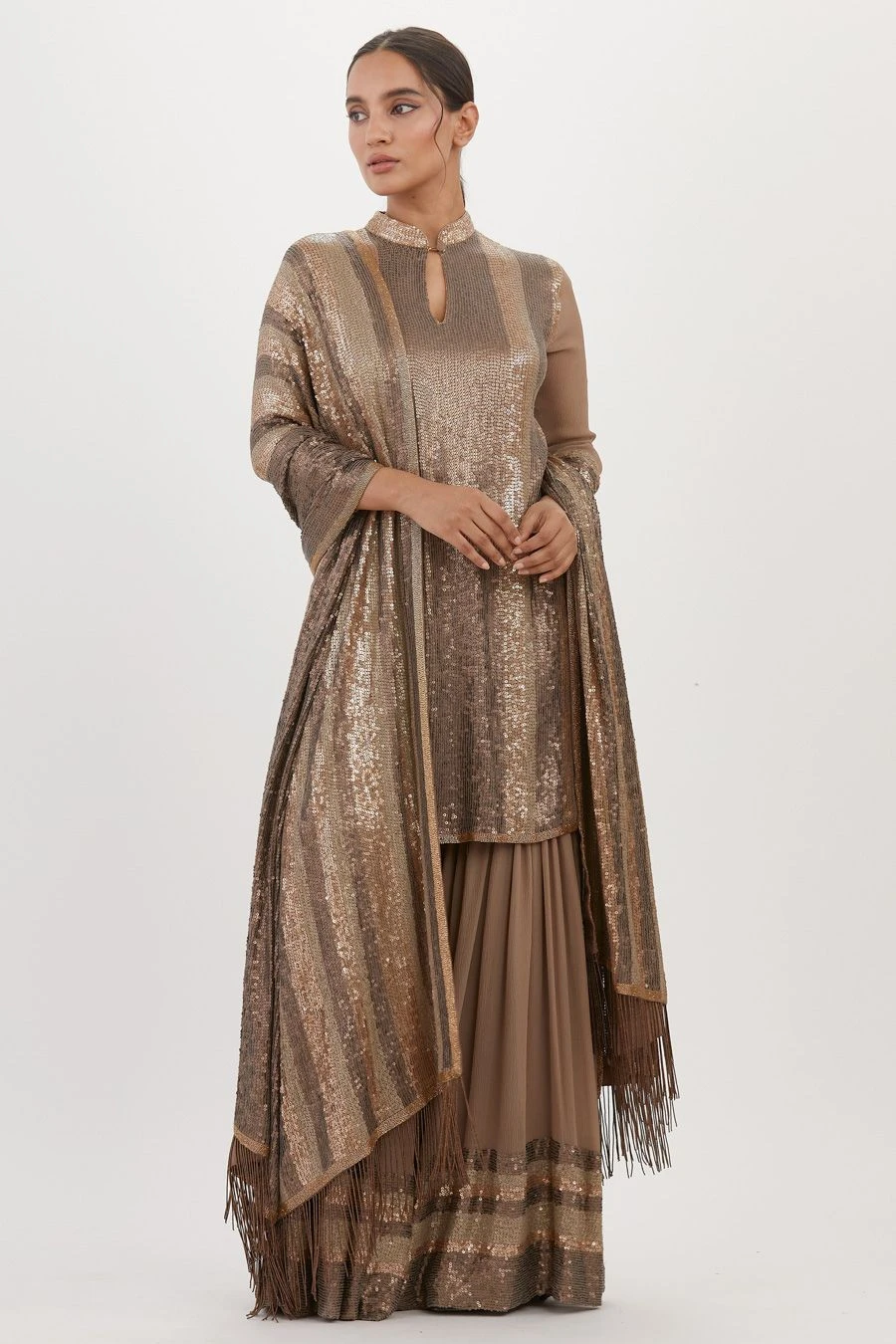 Nakul Sen Brown Sequinned Striped Sharara Set 4 Nakul Sen Brown Sequinned Striped Sharara Set - Image 2