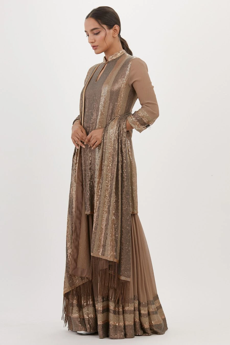 Nakul Sen Brown Sequinned Striped Sharara Set 5 Nakul Sen Brown Sequinned Striped Sharara Set - Image 3
