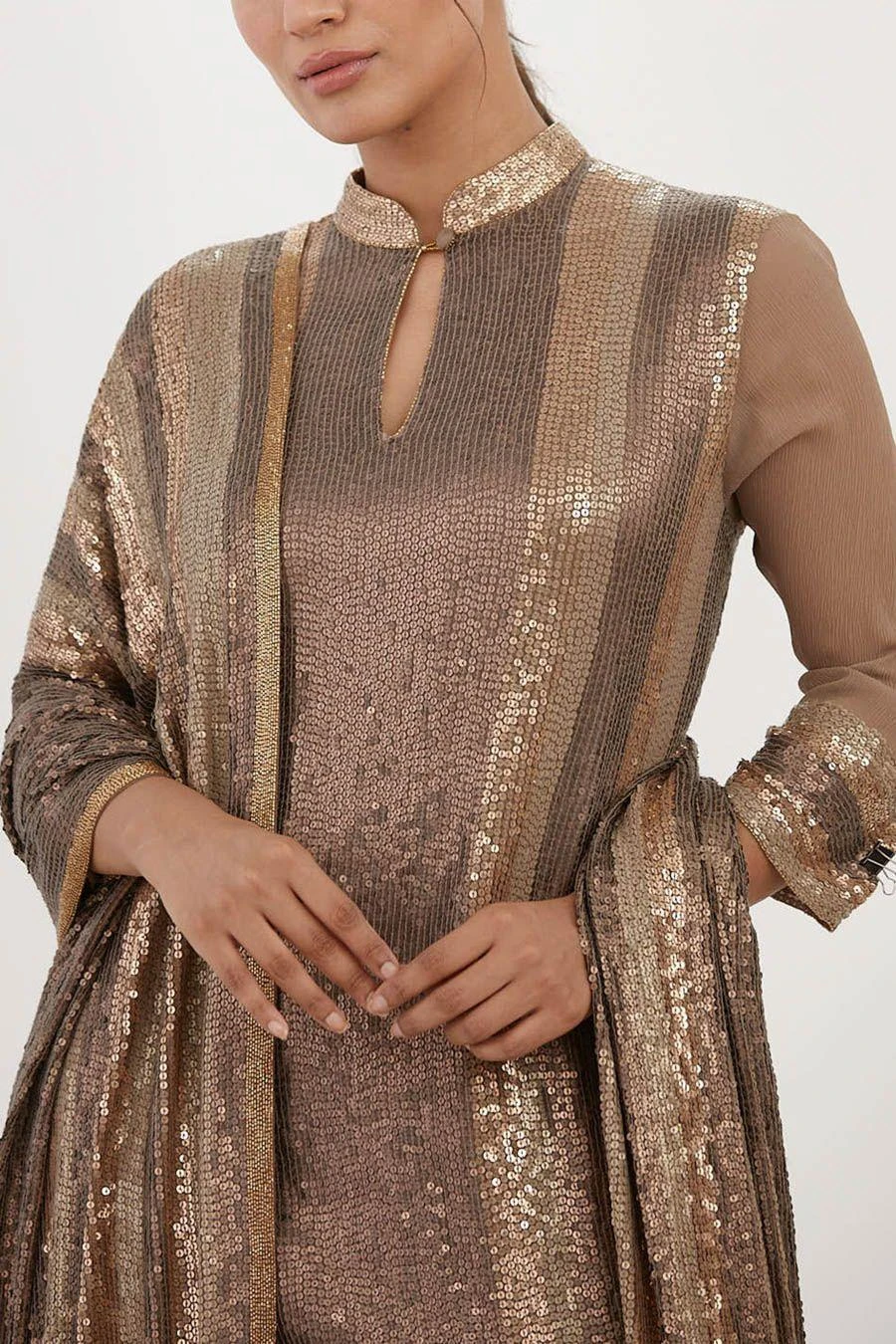 Nakul Sen Brown Sequinned Striped Sharara Set 7 Nakul Sen Brown Sequinned Striped Sharara Set - Image 5