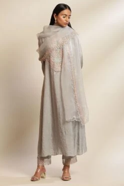 ONE NOT TWO Grey Sequin Embellished Organza Dupatta