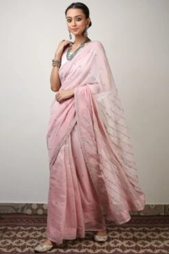 Rhua Pink Chanderi Aari Embroidered Sari Set