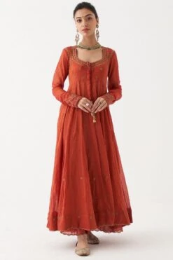 Rhua Scarlet Red Handwoven Tissue Chanderi Anarkali -Inca Sales Store 1411rhua5 2