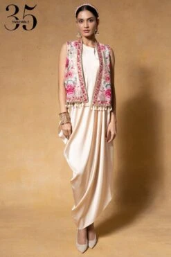 Tarun Tahiliani Ivory Embellished Gilet & A Draped Dress