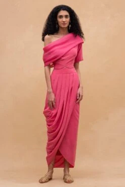 Aikeyah Pink One Shoulder Top & A Draped Skirt