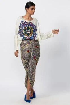 Saaksha & Kinni White Abstract Printed Top & A Micro Pleated Skirt