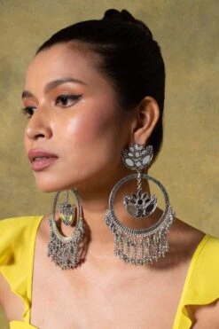 Ritika Sachdeva Silver Lotus Mirror Work Hoop Earrings