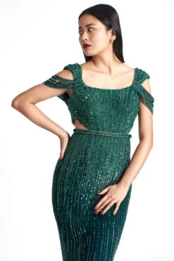 Sharnita Nandwana Emerald Green Fitted Cold Shoulder Gown -Inca Sales Store 144sn6 3