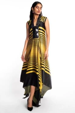Amit Aggarwal Yellow Metallic Dress With An Asymmetric Hem