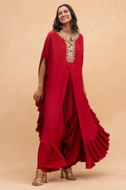 Arpita Mehta Red Embellished Asymmetric Cape Set