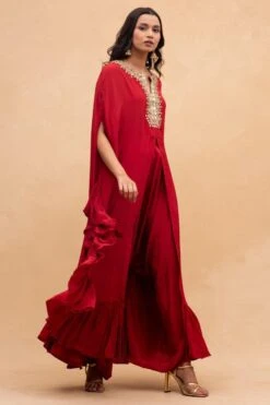 Arpita Mehta Red Embellished Asymmetric Cape Set -Inca Sales Store 152apm1 3