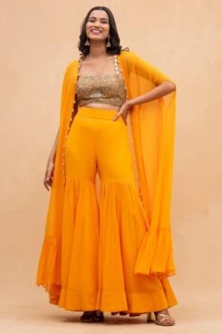 Arpita Mehta Yellow Embellished Cape Set