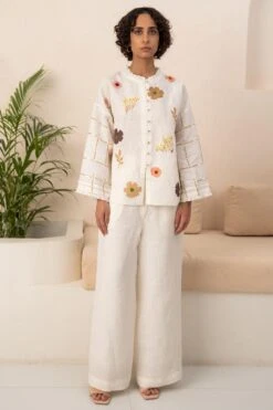 Arcvsh By Pallavi Singh Ivory Floral Embellished Shirt With Solid Pants