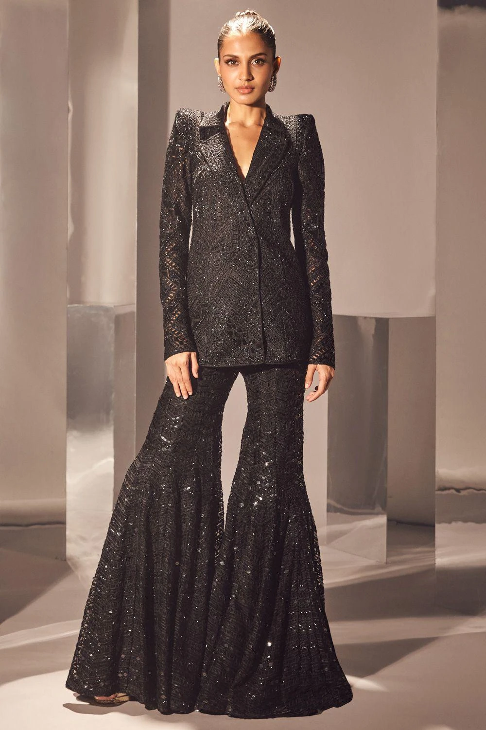 Ritika Mirchandani Black Cutwork Blazer With A Chevron Sharara 3 Ritika Mirchandani Black Cutwork Blazer With A Chevron Sharara