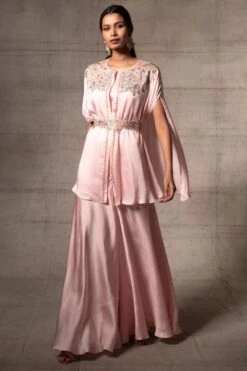 Ahilian Powder Pink Embroidered Cape Set