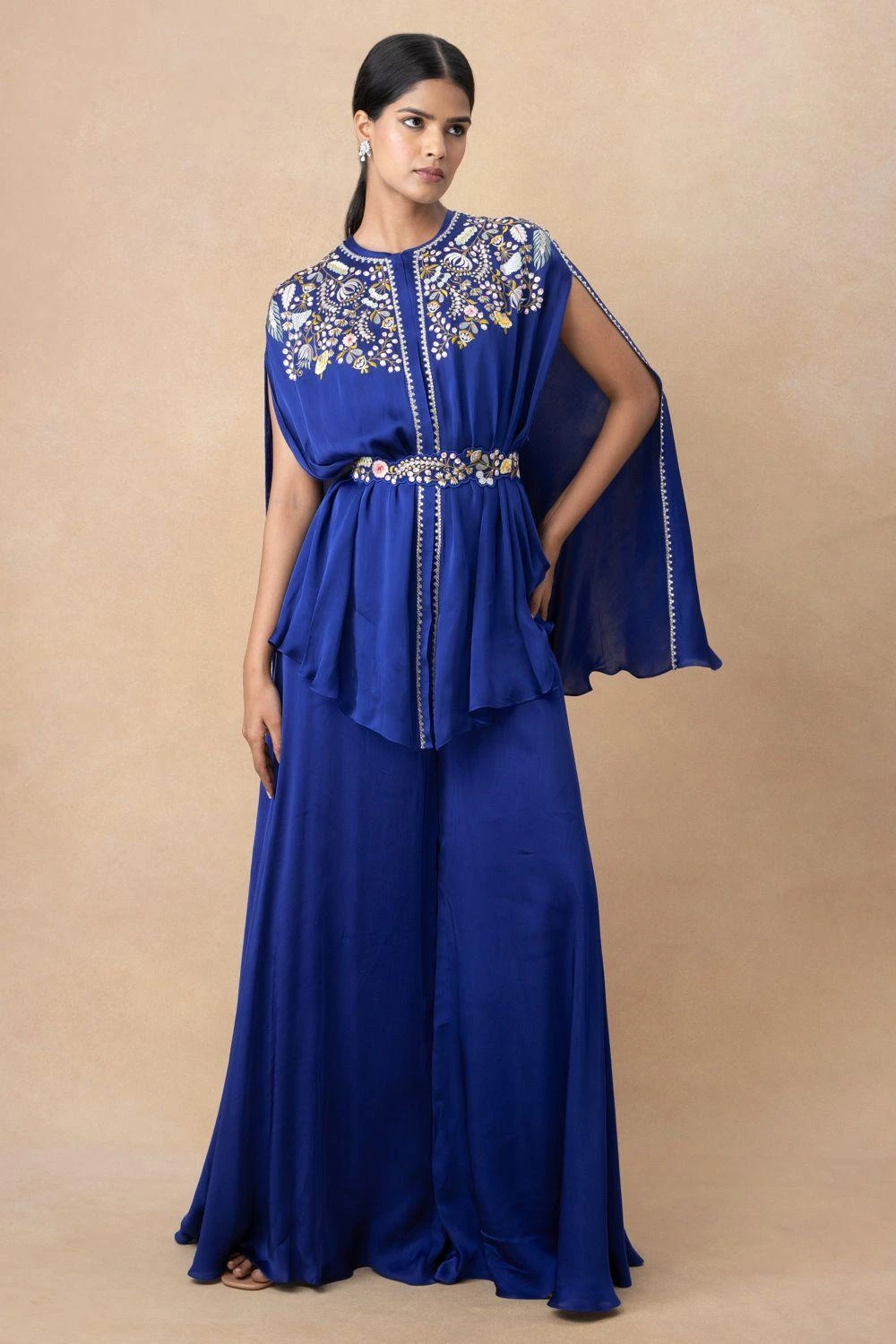 Ahilian Blue Floral Embellished Cape Set 3 Ahilian Blue Floral Embellished Cape Set