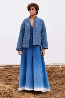 Khara Kapas Cyan Blue Herringbone Cotton Jacket