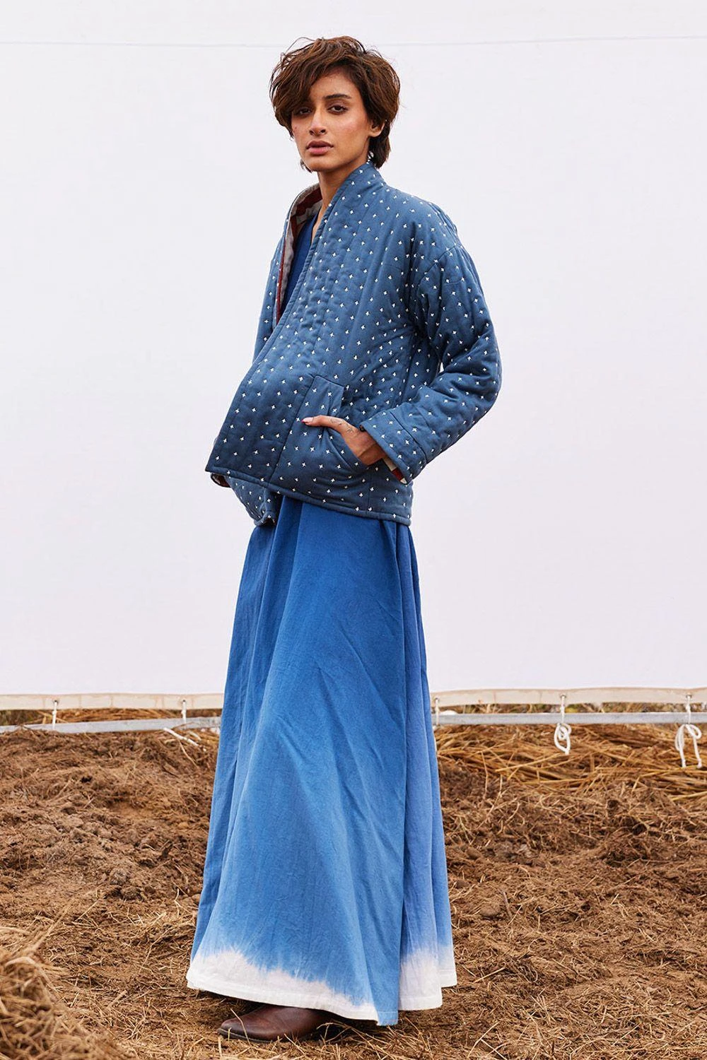 Khara Kapas Cyan Blue Herringbone Cotton Jacket 4 Khara Kapas Cyan Blue Herringbone Cotton Jacket - Image 2