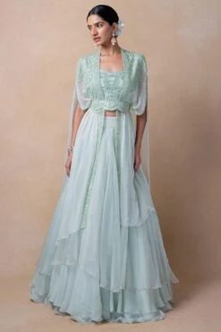 Ahilian Green Floral Embellished Cape Set